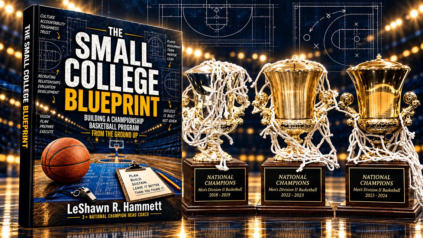 The Small College Blueprint book with championship trophies